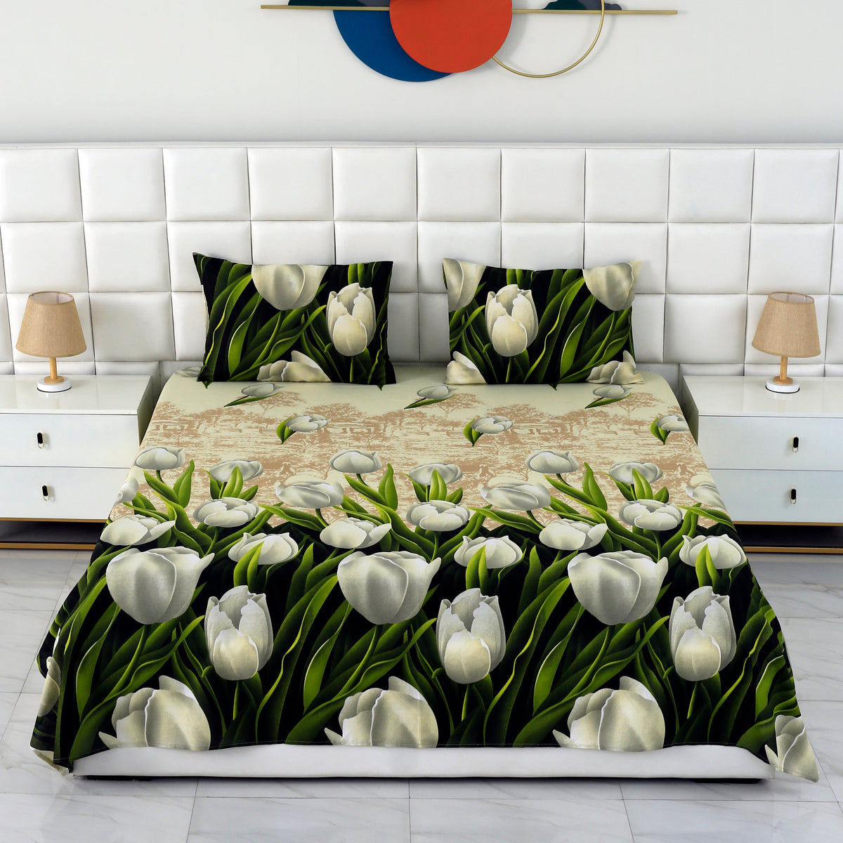 3 PCs Double Bed Sheet-tulip green BED SHEET Apricot