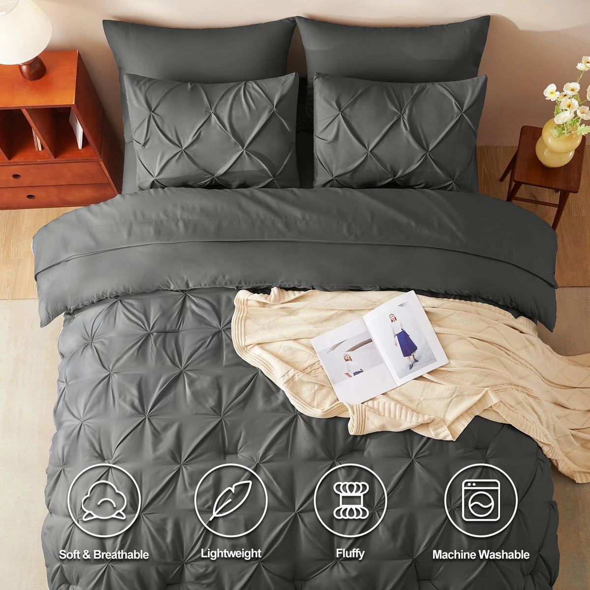 Solid Pintuck Duvet Cover Set-Grey Bed Sheets Apricot