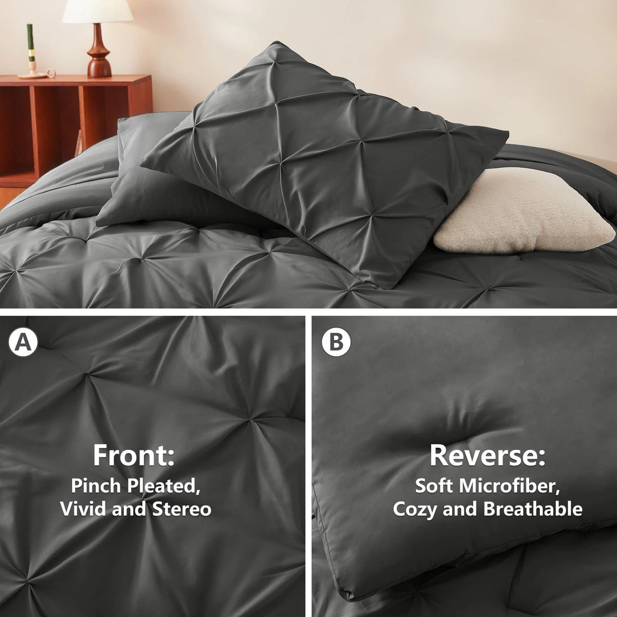 Solid Pintuck Duvet Cover Set-Grey Bed Sheets Apricot