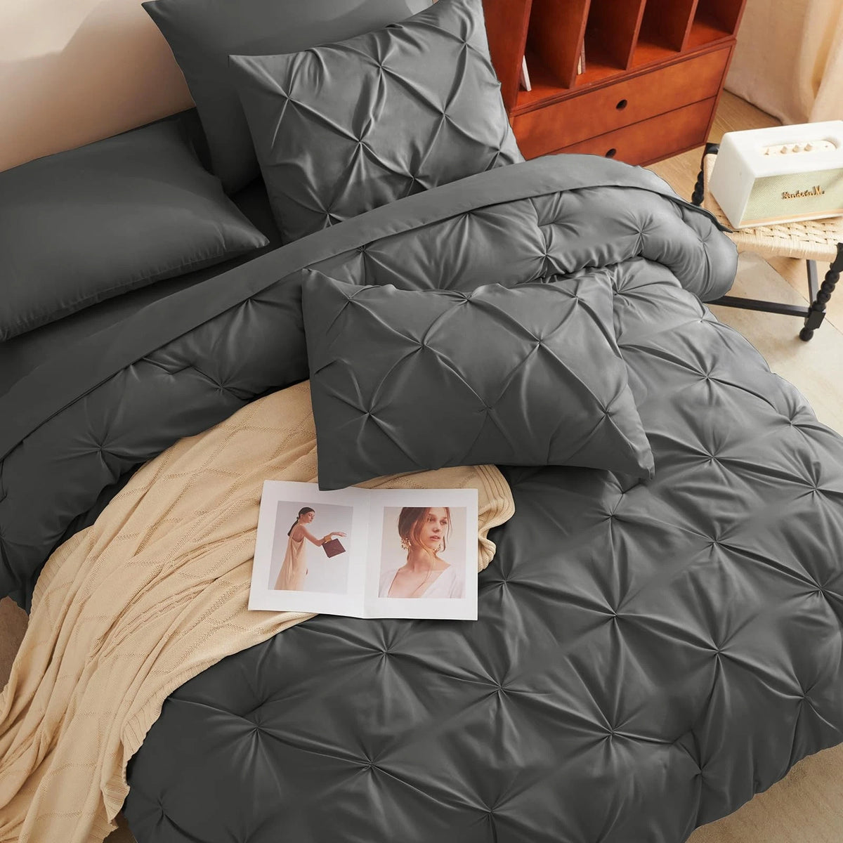 Solid Pintuck Duvet Cover Set-Grey Bed Sheets Apricot