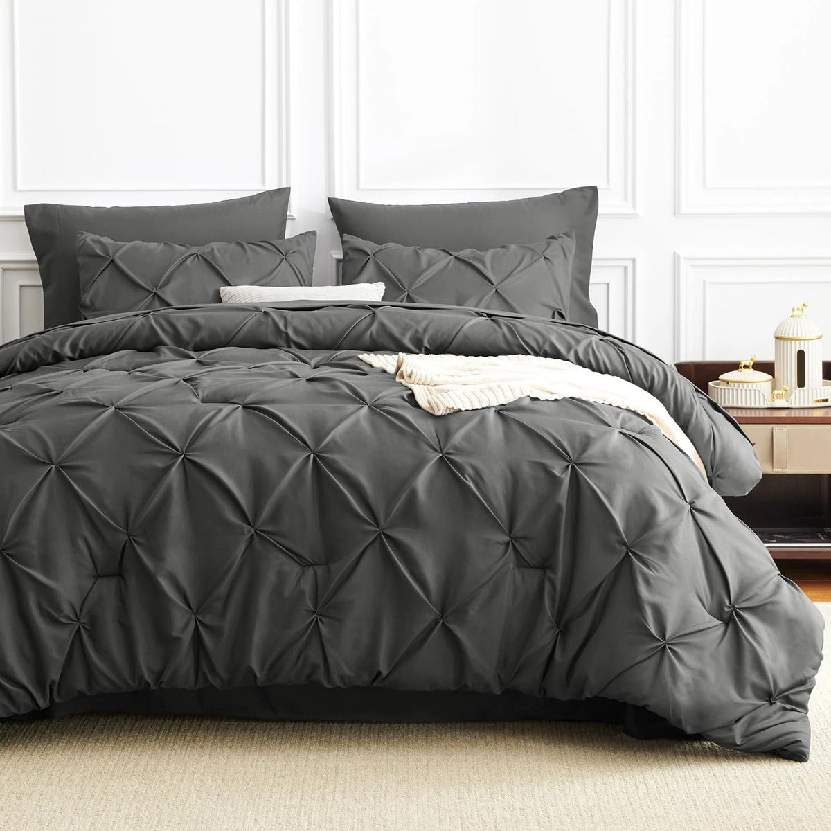 Solid Pintuck Duvet Cover Set-Grey Bed Sheets Apricot