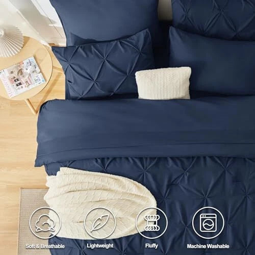 Solid Pintuck Duvet Cover Set-Navy Blue Bed Sheets Apricot