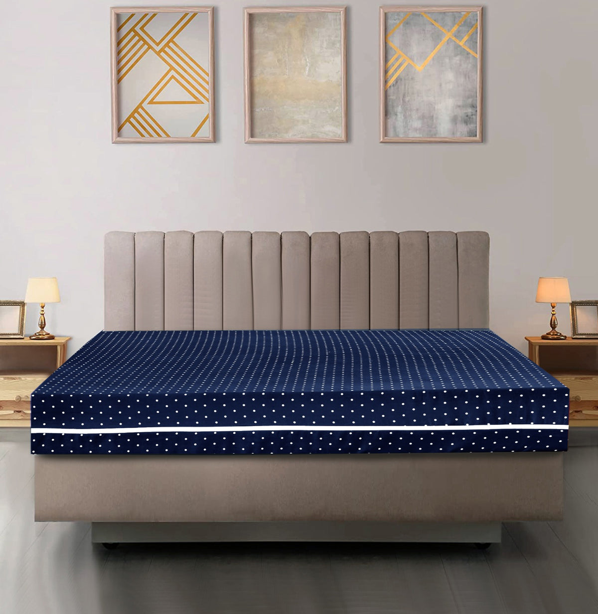 Zipper Mattress Cover Printed- Navy Polka Protectors Apricot