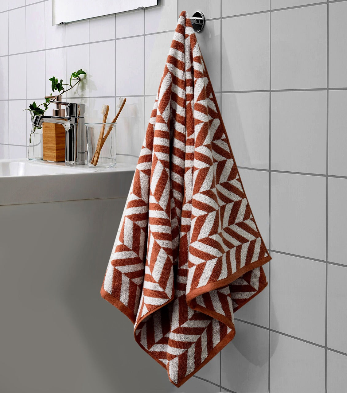 2 PCs Bath Towel Yarn Dyed-14916Brown Chevrons Bath Towels & Washcloths Apricot