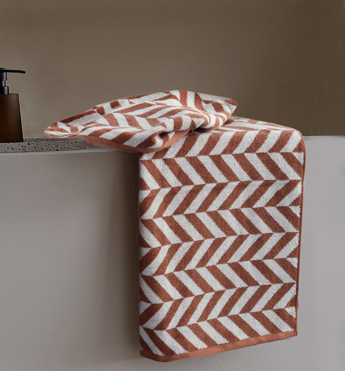 2 PCs Bath Towel Yarn Dyed-14916Brown Chevrons Bath Towels & Washcloths Apricot