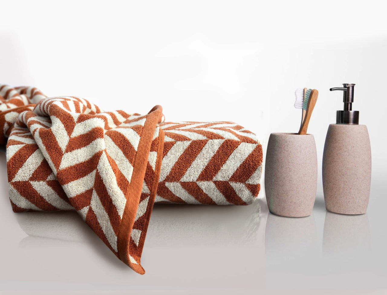 2 PCs Bath Towel Yarn Dyed-14916Brown Chevrons Bath Towels & Washcloths Apricot