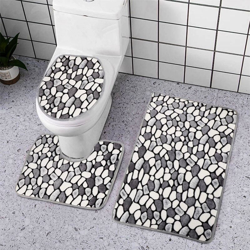 3 PCs Anti Skid Commode Mat Set-Stones Style Bath Mats Apricot
