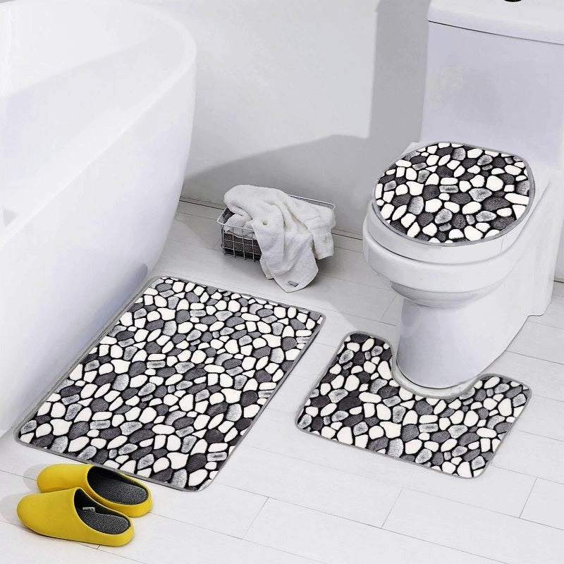 3 PCs Anti Skid Commode Mat Set-Stones Style Bath Mats Apricot