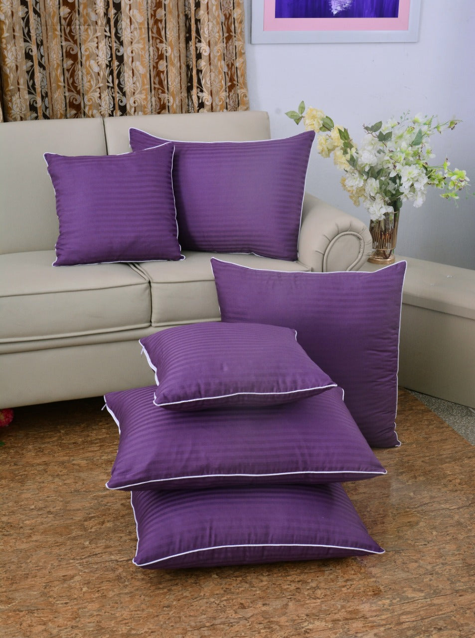6 PCs Satin Pillows (1480*2) Bed Cushion (1481*2) & Floor Cushion (3164*2) Set-D/Purple Apricot