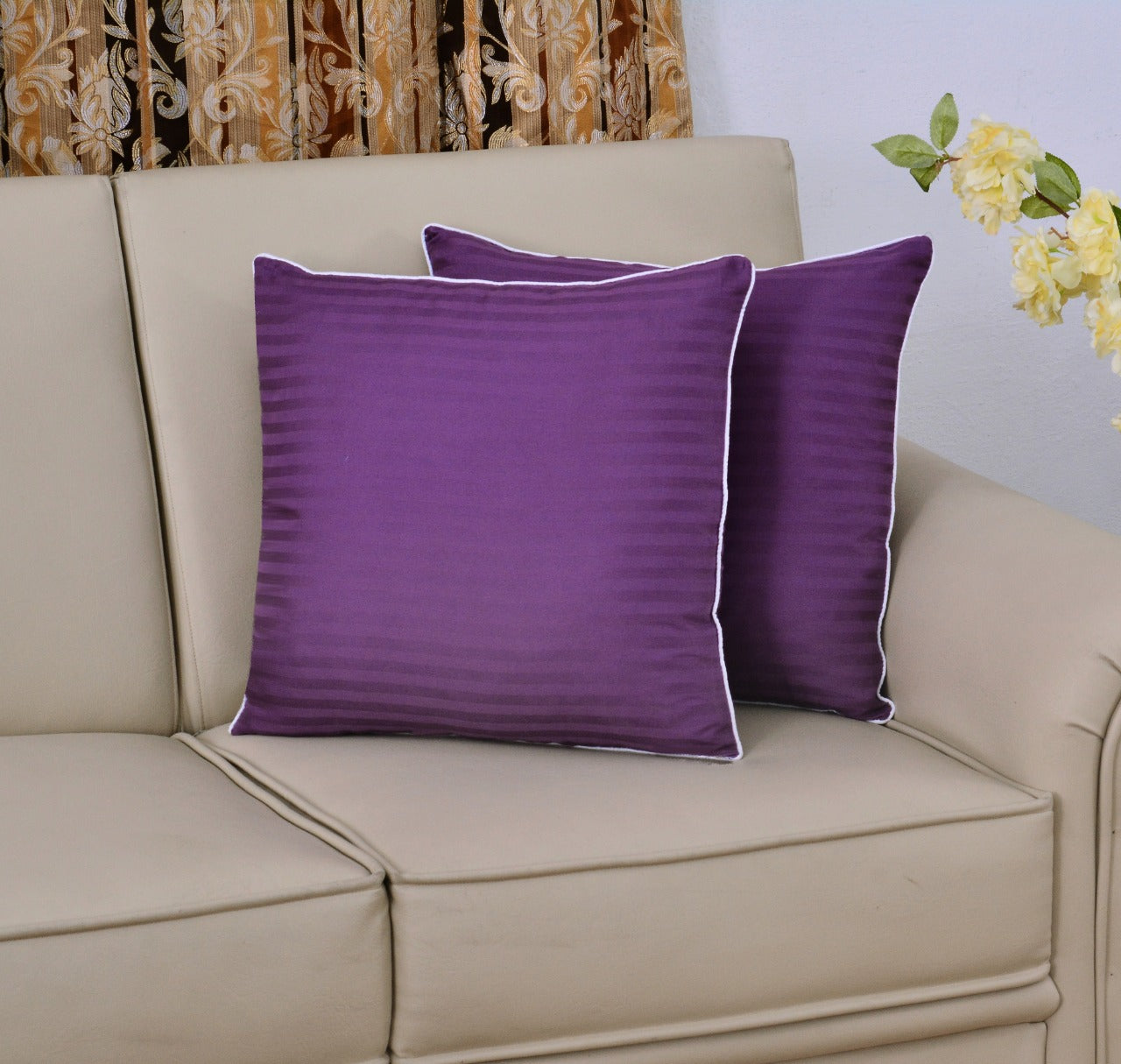 6 PCs Satin Pillows *2 Bed Cushion *2 & Floor Cushion *2 Set-D/Purple Apricot