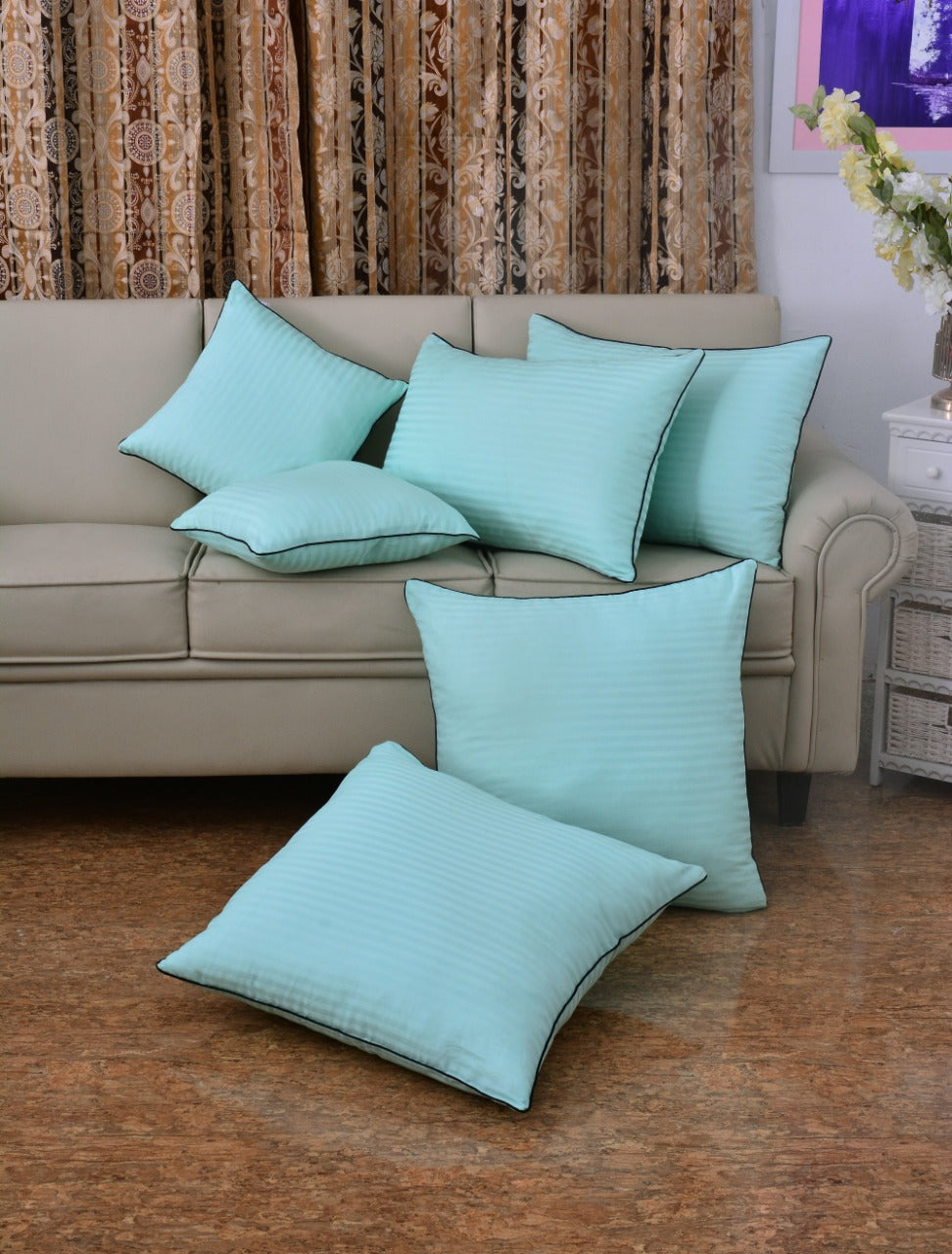 6 PCs Satin Pillows*2 Bed Cushion *2 & Floor Cushion *2 Set-Sea Green Apricot