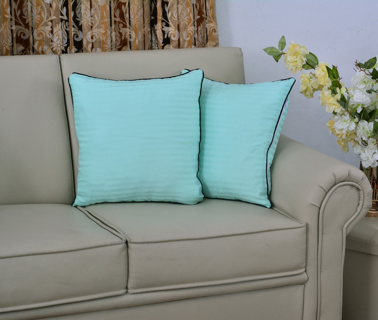 6 PCs Satin Pillows*2 Bed Cushion *2 & Floor Cushion *2 Set-Sea Green Apricot