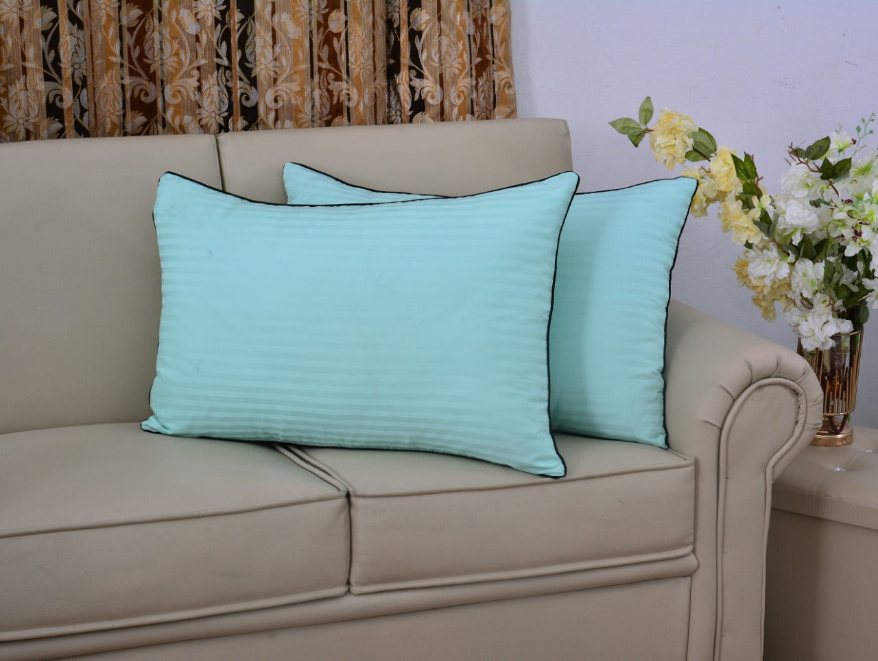 6 PCs Satin Pillows*2 Bed Cushion *2 & Floor Cushion *2 Set-Sea Green Apricot