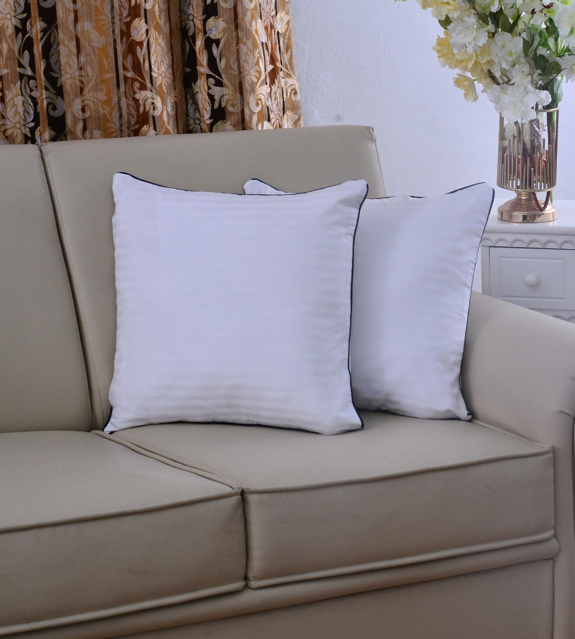 6 PCs Satin Pillows *2 Bed Cushion *2 & Floor Cushion *2 Set-White Apricot