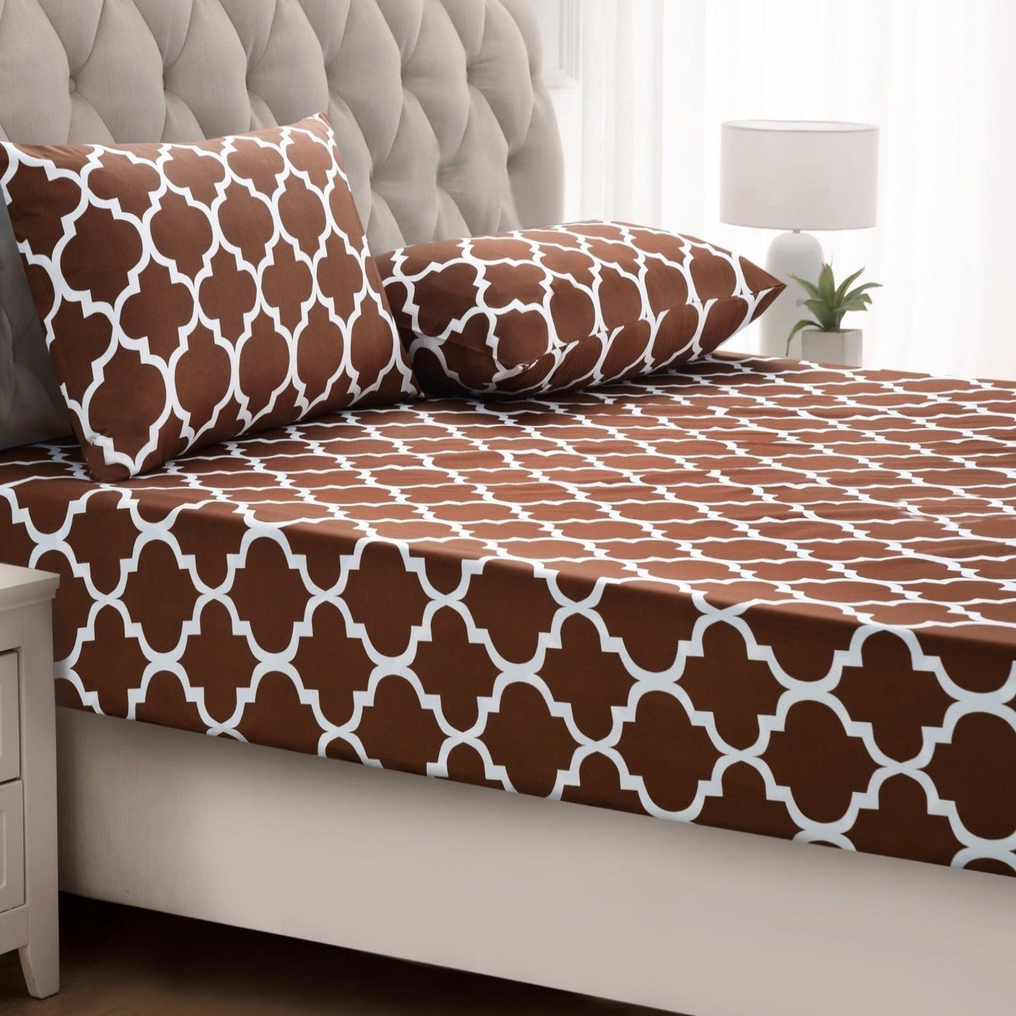 Fitted Bed Sheet-Brown Geometric Fitted Sheets Apricot