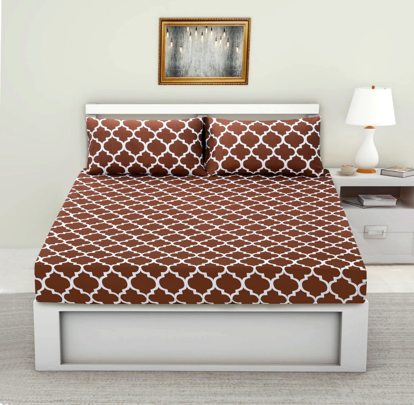 Fitted Bed Sheet-Brown Geometric Fitted Sheets Apricot