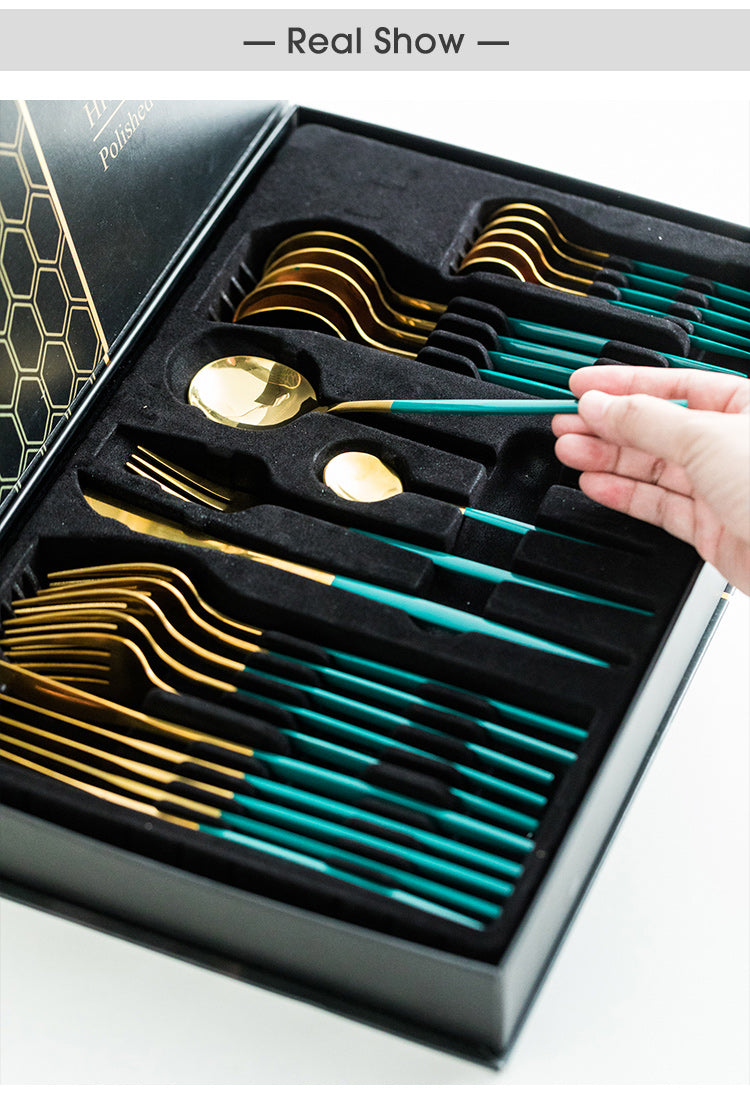 Green/Golden (4406)-24 PCs Premium Steel Cutlery Set Cutlery Set Apricot