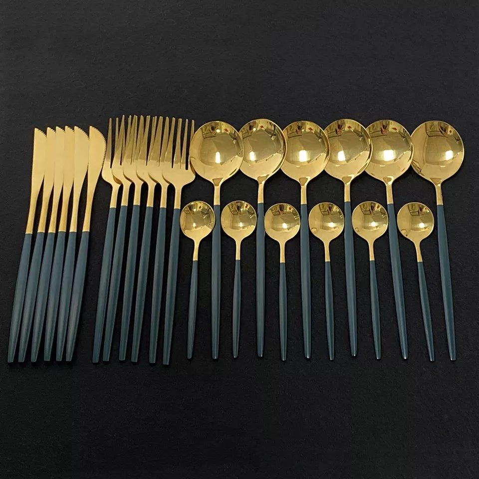 Green/Golden (4406)-24 PCs Premium Steel Cutlery Set Cutlery Set Apricot