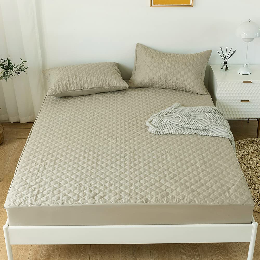 Quilted Waterproof Mattress Protector-Beige Apricot