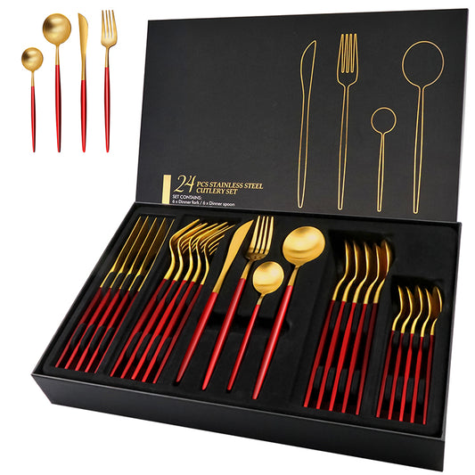 Red/Golden(4406)-24 PCs Premium Steel Cutlery Set  Apricot