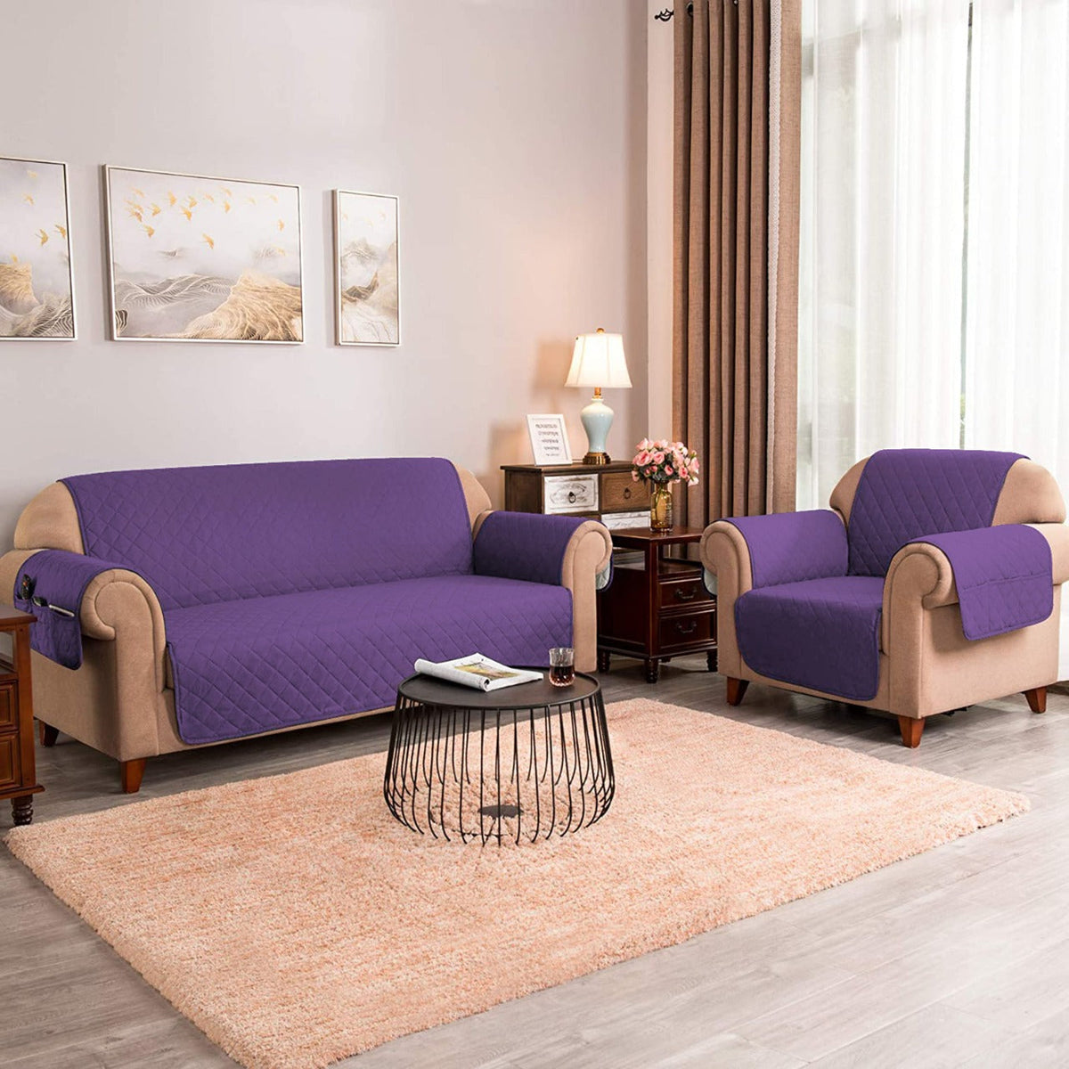 Sofa Cover-Purple with Pockets Sofa Cover Apricot