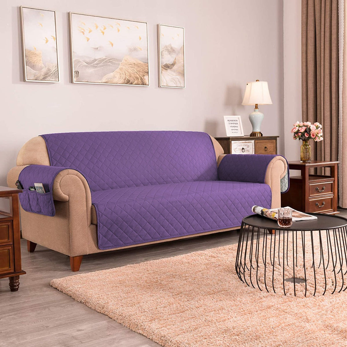 Sofa Cover-Purple with Pockets Sofa Cover Apricot