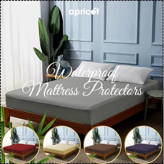 Apricot’s Mattress Protection collection image: Variety of quilted and terry waterproof protectors in different colors, designed to guard against dirt, spills, and wear and tear.
