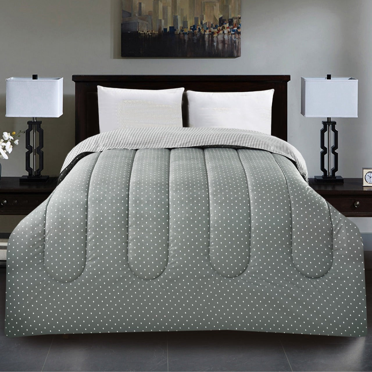 1 PC Double Winter Comforter-Grey Polka Comforters Apricot   