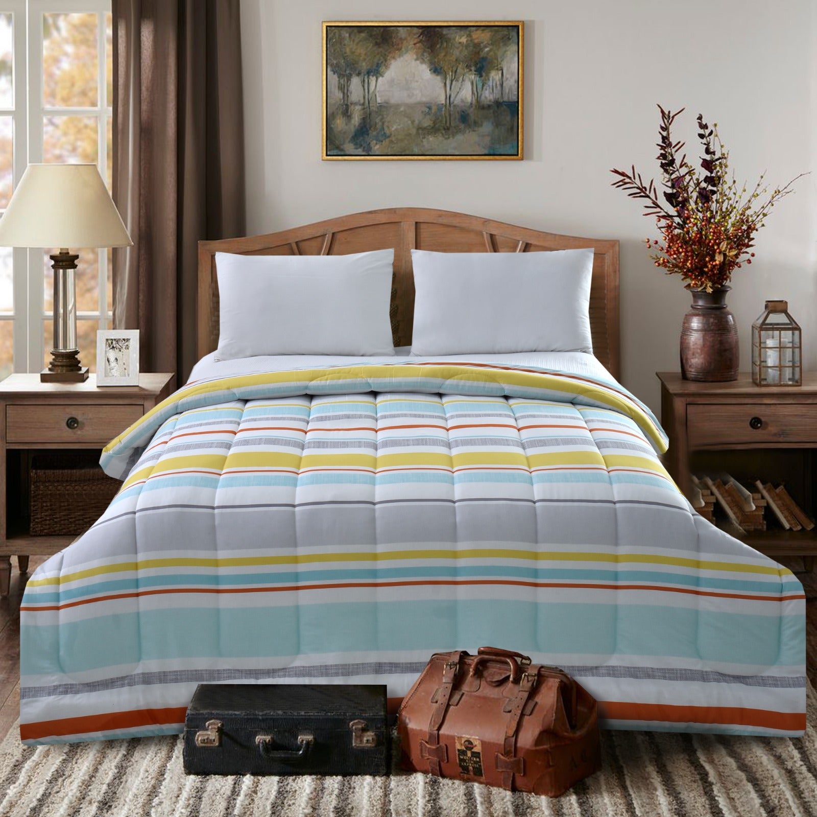 1 PC Double Winter Comforter-Multi Stripes Comforters Apricot   