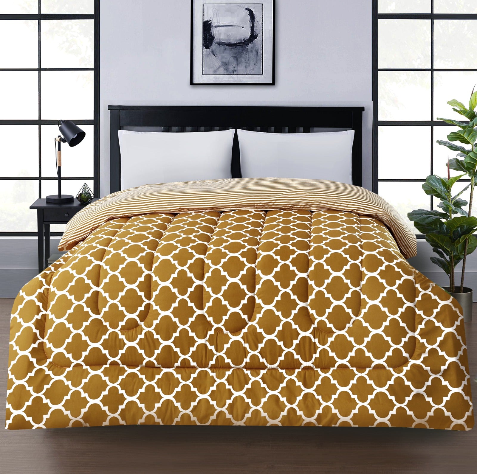 1 PC Double Winter Comforter-Mustard Geometric Comforters Apricot   