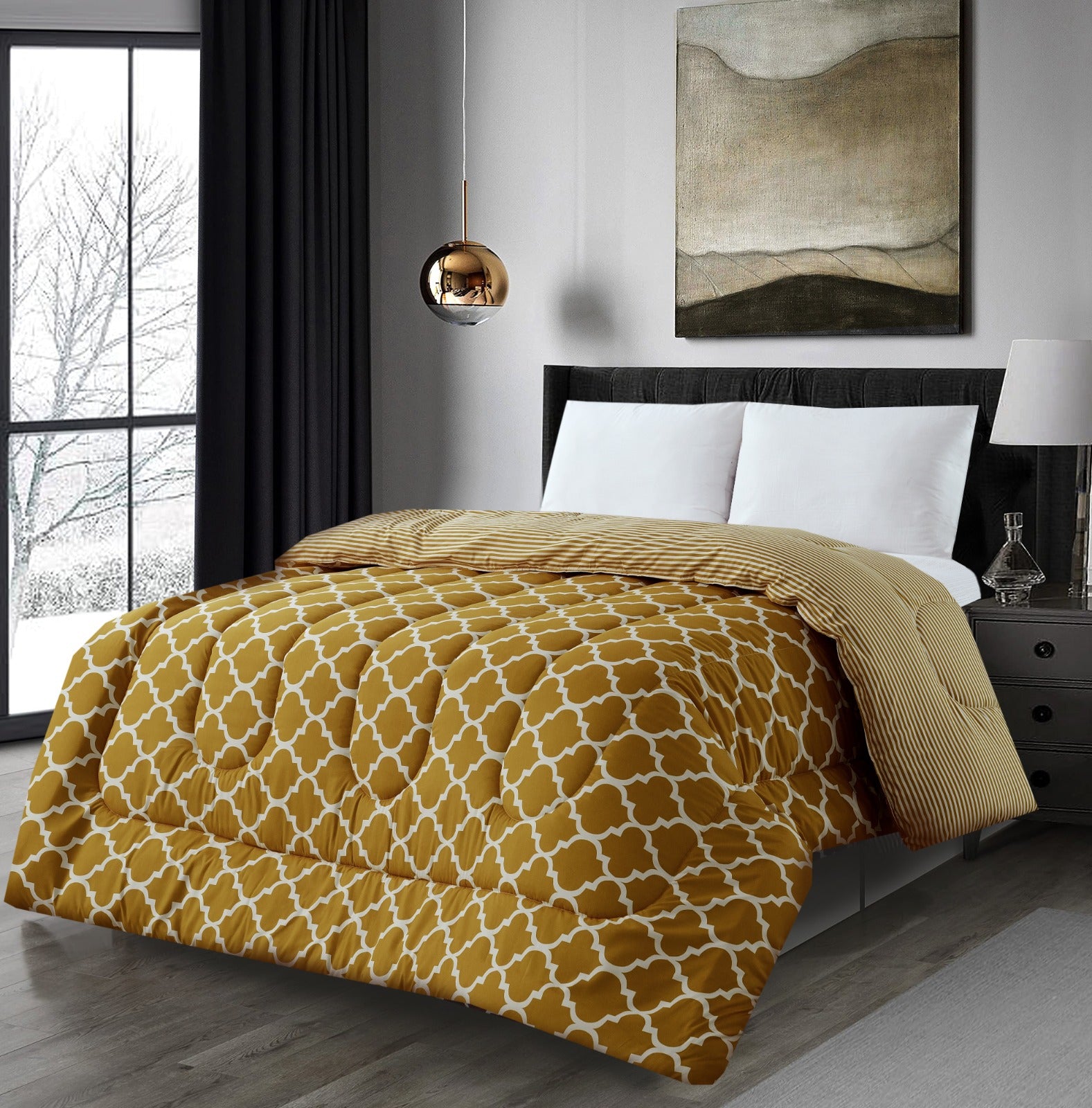 1 PC Double Winter Comforter-Mustard Geometric Comforters Apricot   