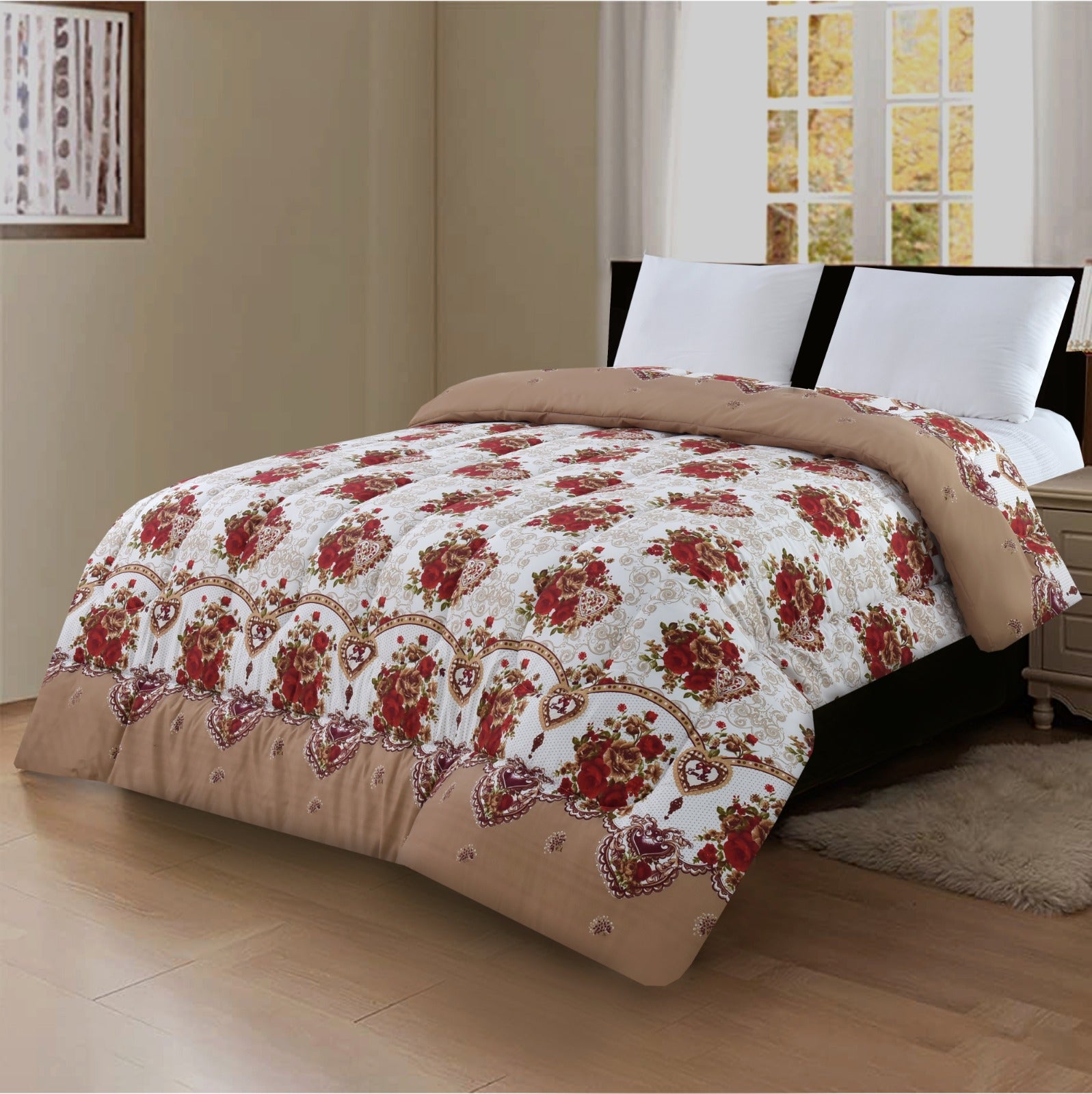 1 PC Double Winter Comforter-Red Roses Comforters Apricot   