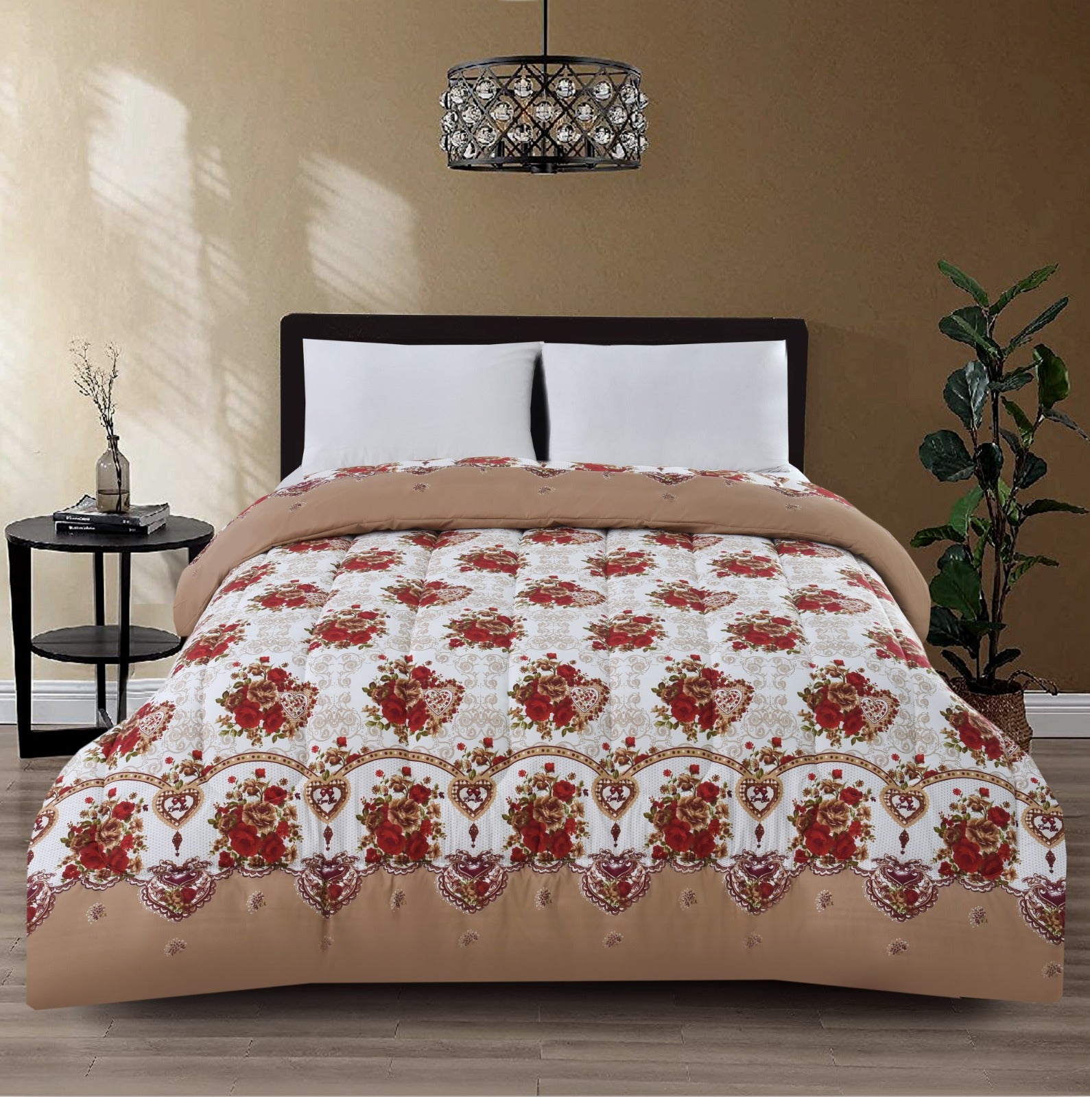 1 PC Double Winter Comforter-Red Roses Comforters Apricot   