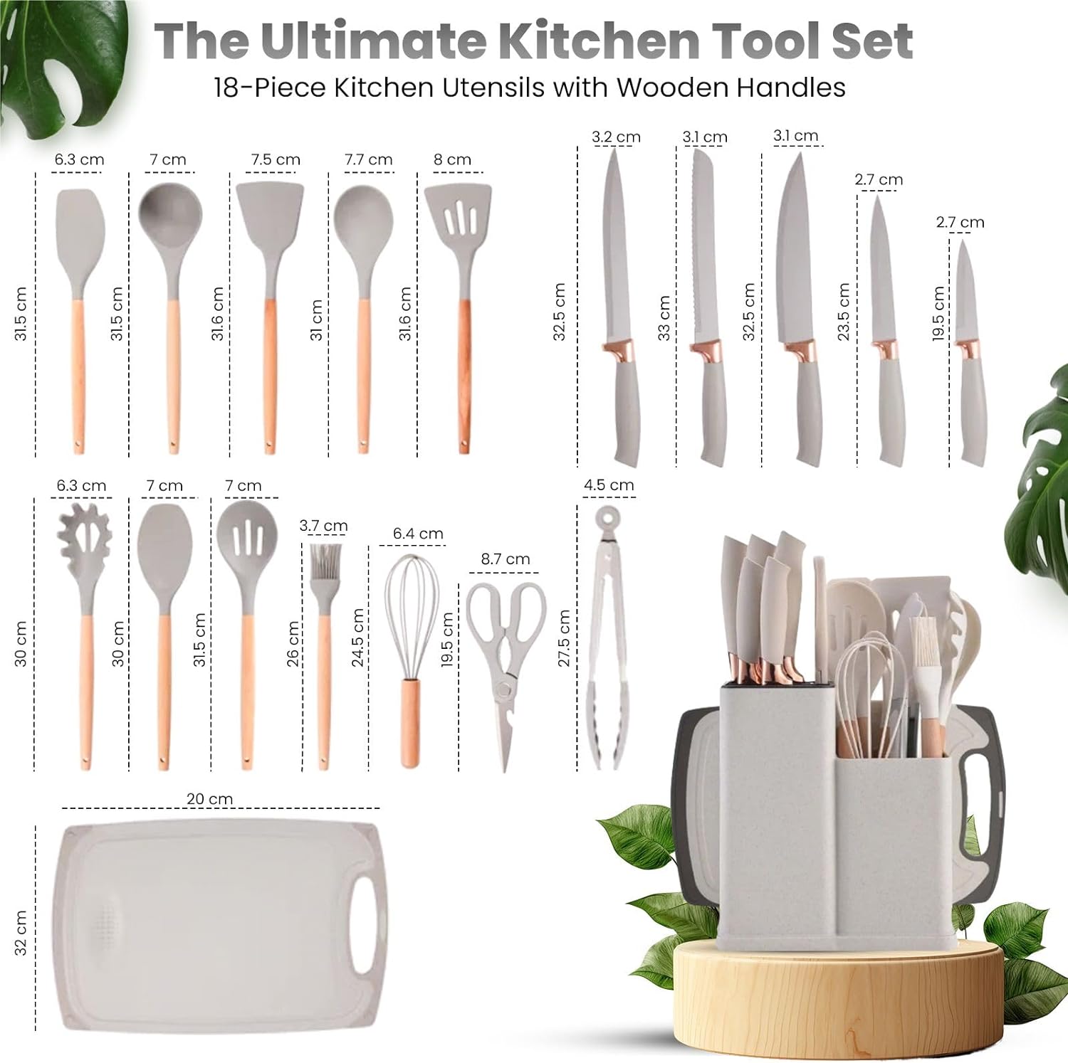 19 PCs Silicon Cooking & Knife Set With Board-Ash White Apricot