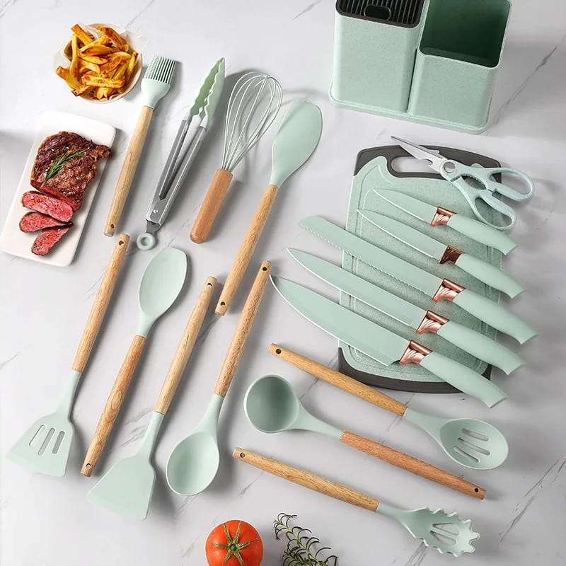 19 PCs Silicon Cooking & Knife Set With Board-Mint Green cooking set Apricot   