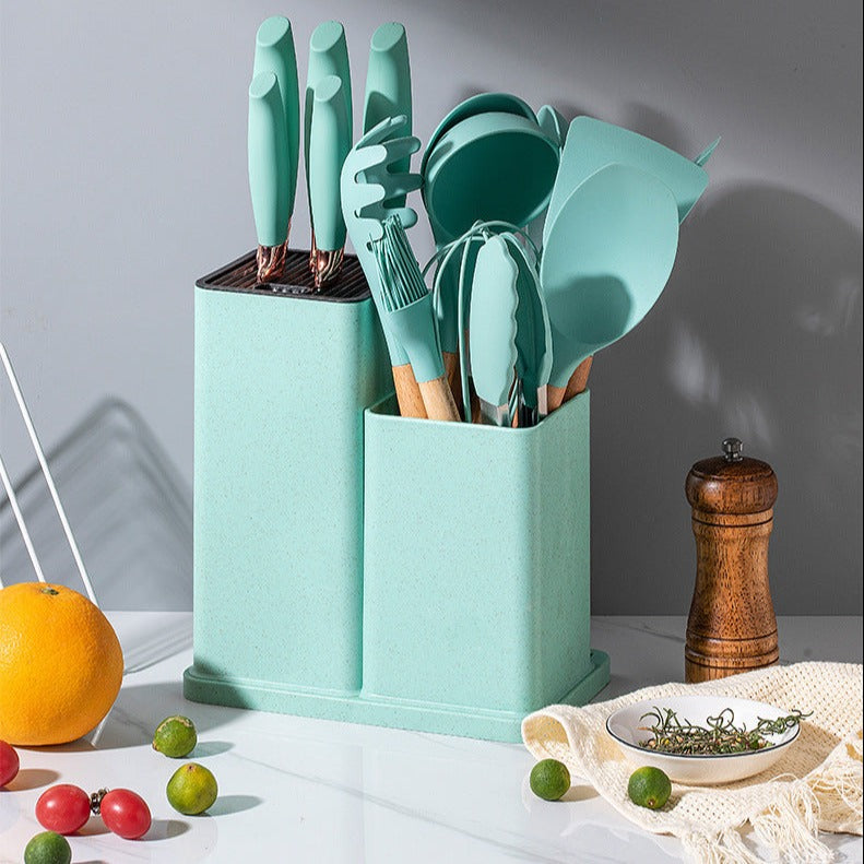 19 PCs Silicon Cooking & Knife Set With Board-Mint Green cooking set Apricot   