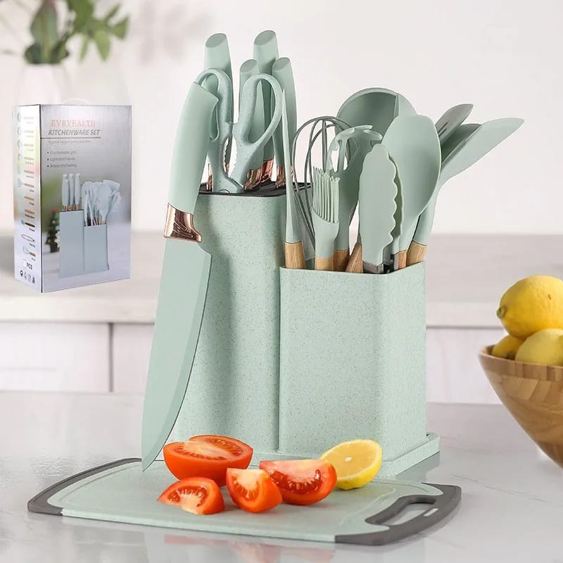 19 PCs Silicon Cooking & Knife Set With Board-Mint Green cooking set Apricot   