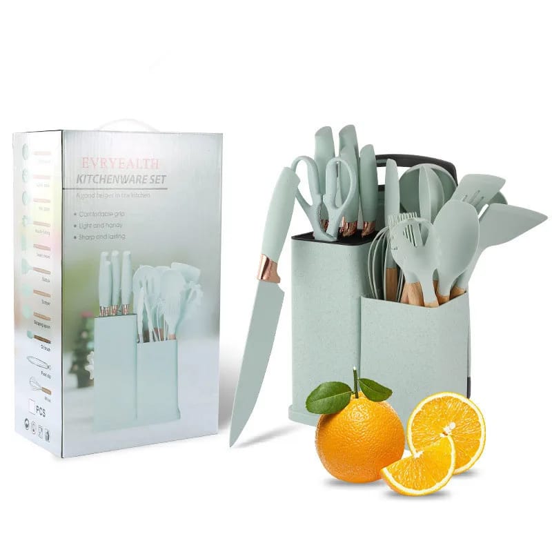 19 PCs Silicon Cooking & Knife Set With Board-Mint Green cooking set Apricot   