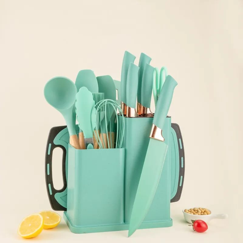 19 PCs Silicon Cooking & Knife Set With Board-Mint Green cooking set Apricot   