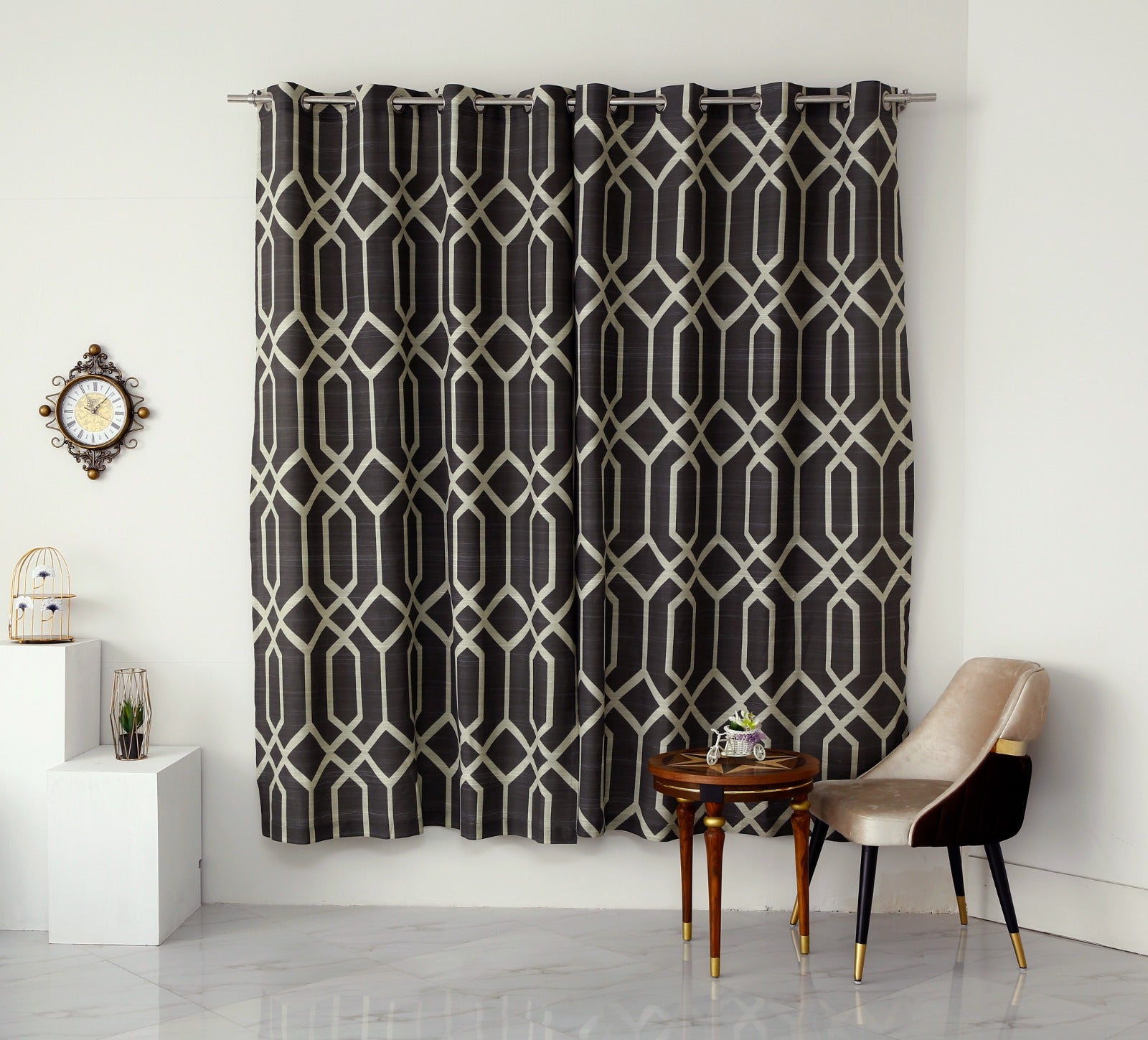 2 PCs Duck Curtains Panel-Grey Geometric Curtains Apricot   