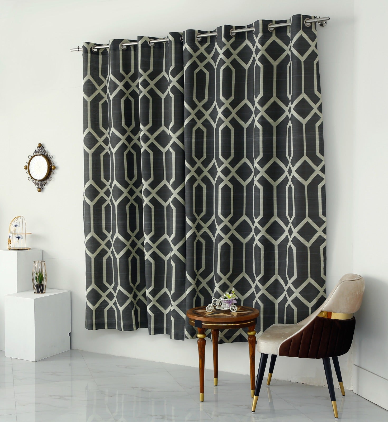 2 PCs Duck Curtains Panel-Grey Geometric Curtains Apricot   