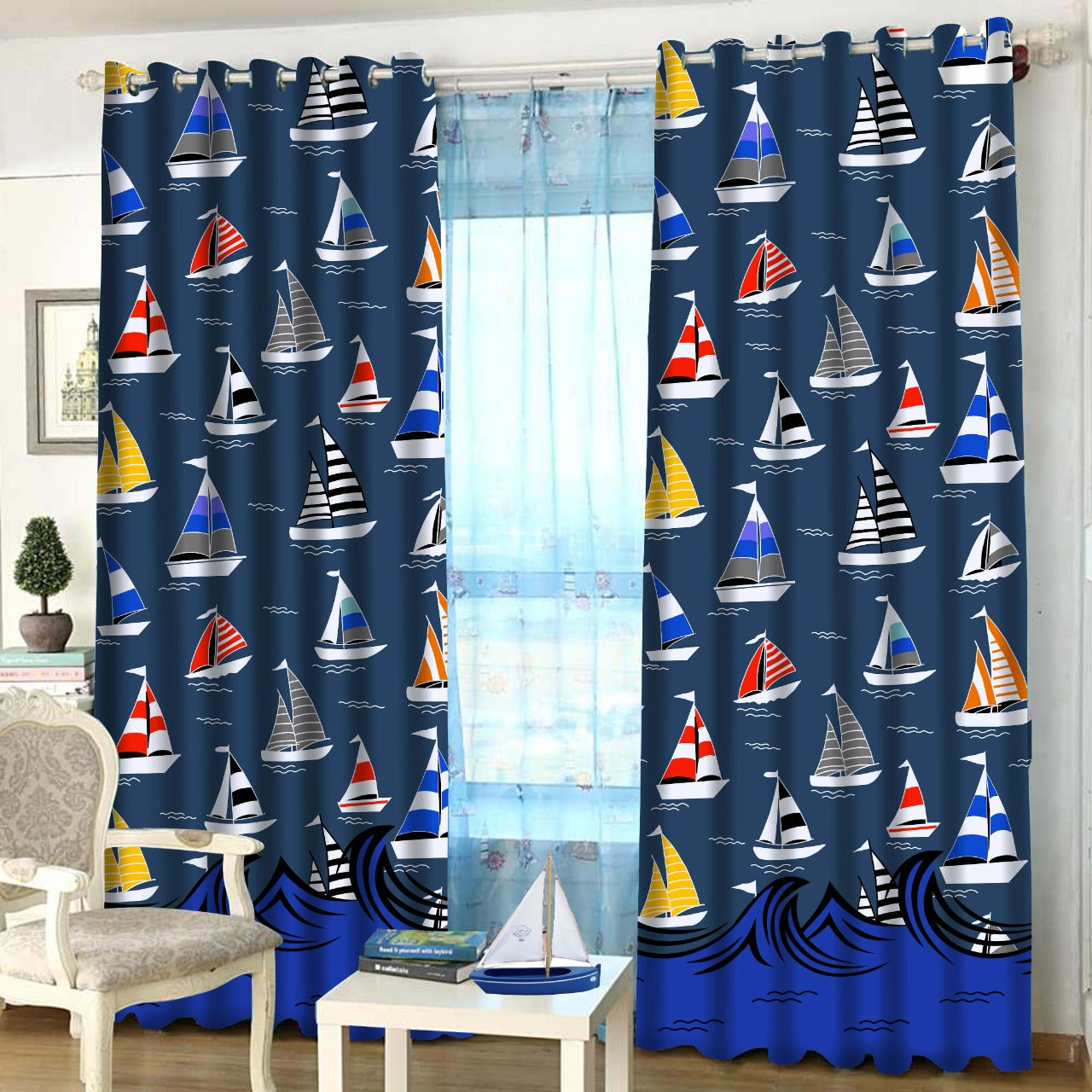 2 PCs Duck Curtains Panel With Lining-Boat Curtains Apricot   