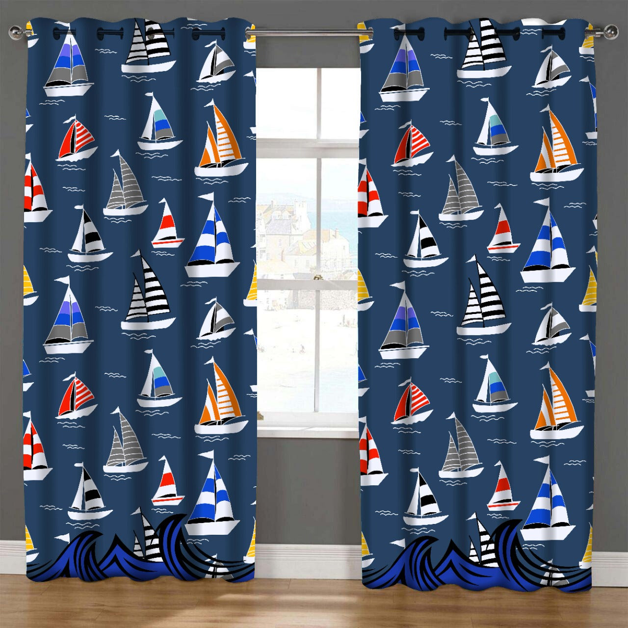 2 PCs Duck Curtains Panel With Lining-Boat Curtains Apricot   