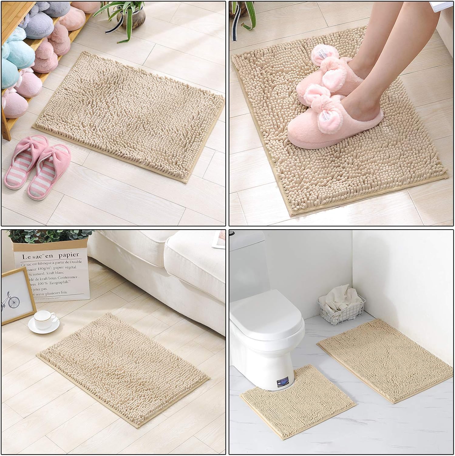 2 PCs Microfiber Anti Slip Commode Mat Set-14643Beige Bath Mats Apricot   