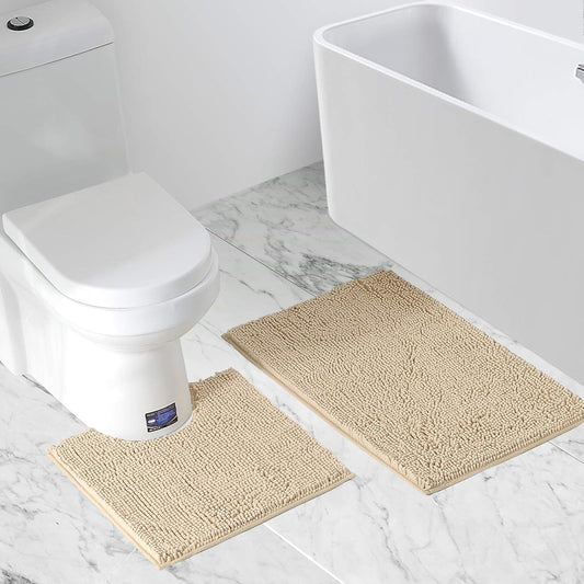 2 PCs Microfiber Anti Slip Commode Mat Set-Beige Bath Mats Apricot