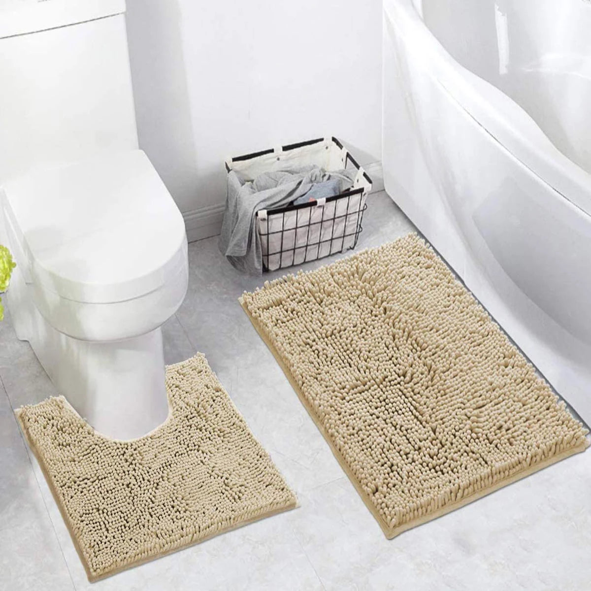 2 PCs Microfiber Anti Slip Commode Mat Set-14643Beige Bath Mats Apricot   