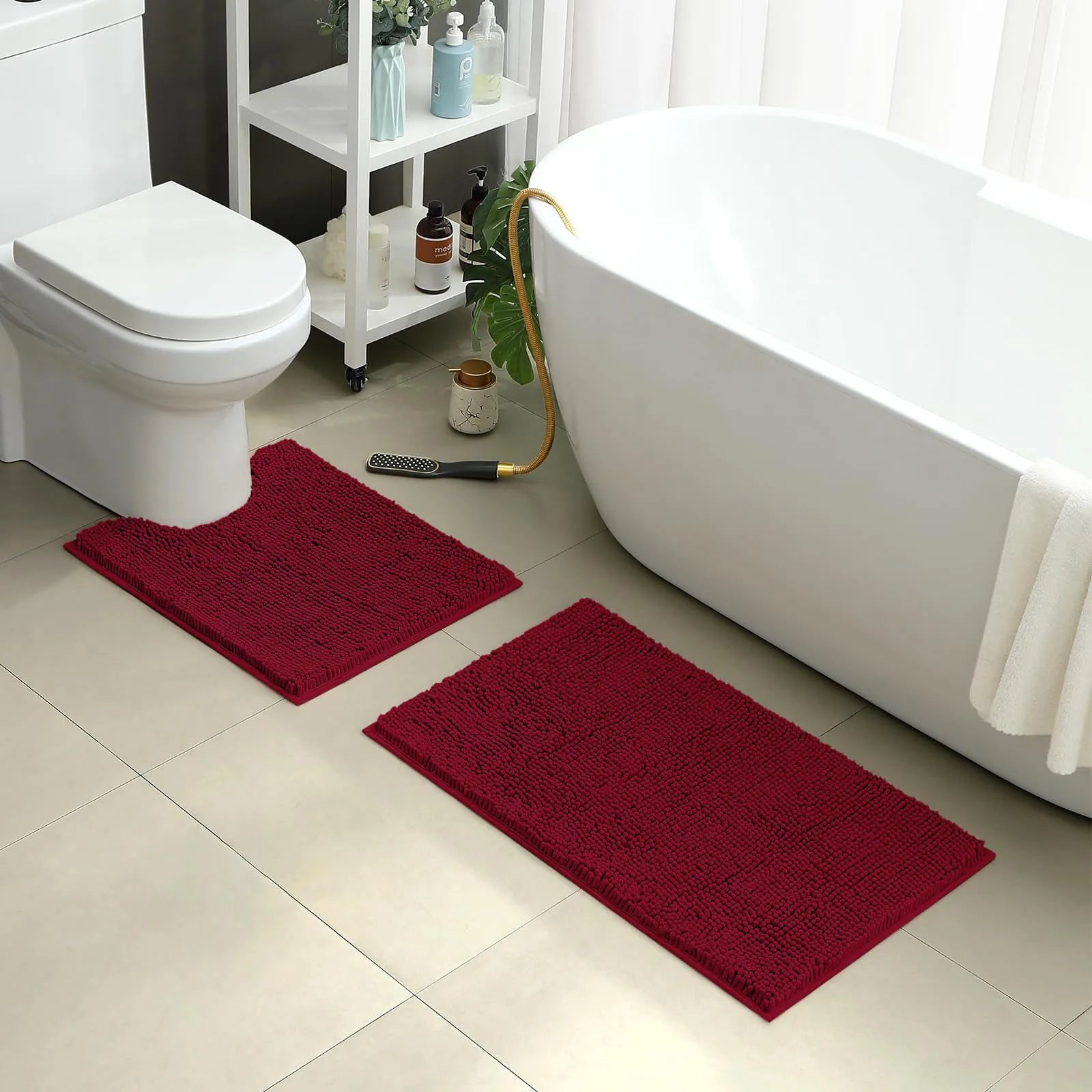 2 PCs Microfiber Anti Slip Commode Mat Set-14642Burgundy Bath Mats Apricot   