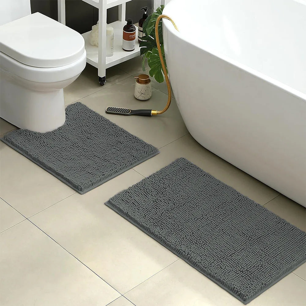 2 PCs Microfiber Anti Slip Commode Mat Set-14641Dark Grey Bath Mats Apricot   