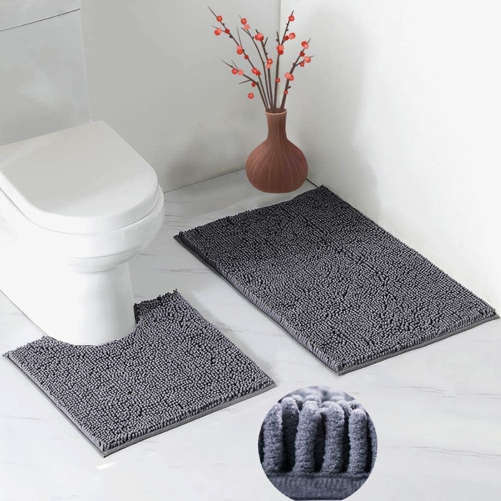 2 PCs Microfiber Anti Slip Commode Mat Set-14641Dark Grey Bath Mats Apricot   