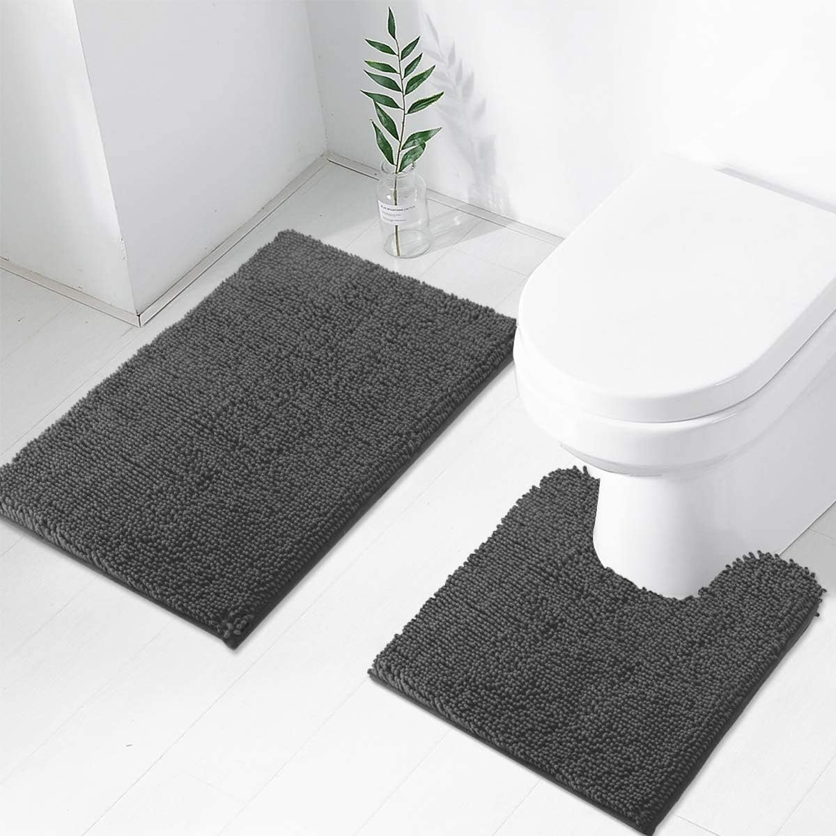 2 PCs Microfiber Anti Slip Commode Mat Set-14641Dark Grey Bath Mats Apricot   